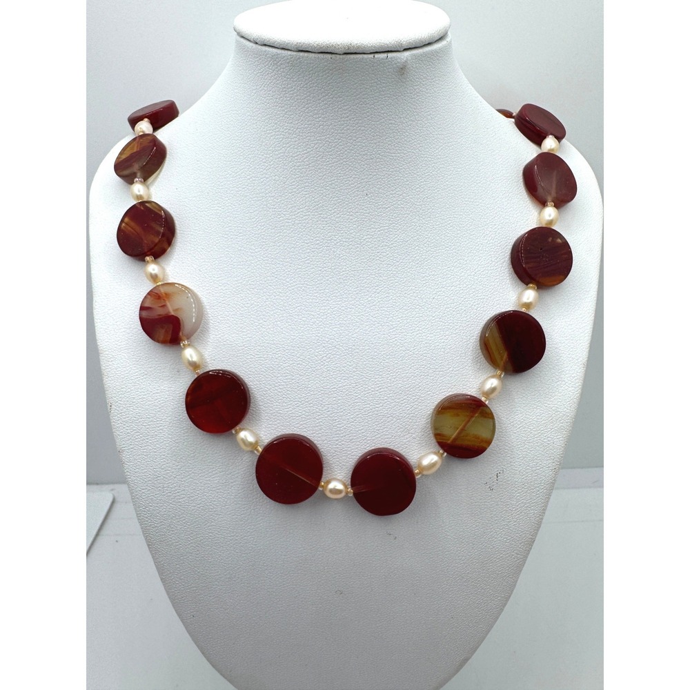 Carnelian Agate Coin Bead & Freshwater Pearl Necklace Red Brown Earthy Boho